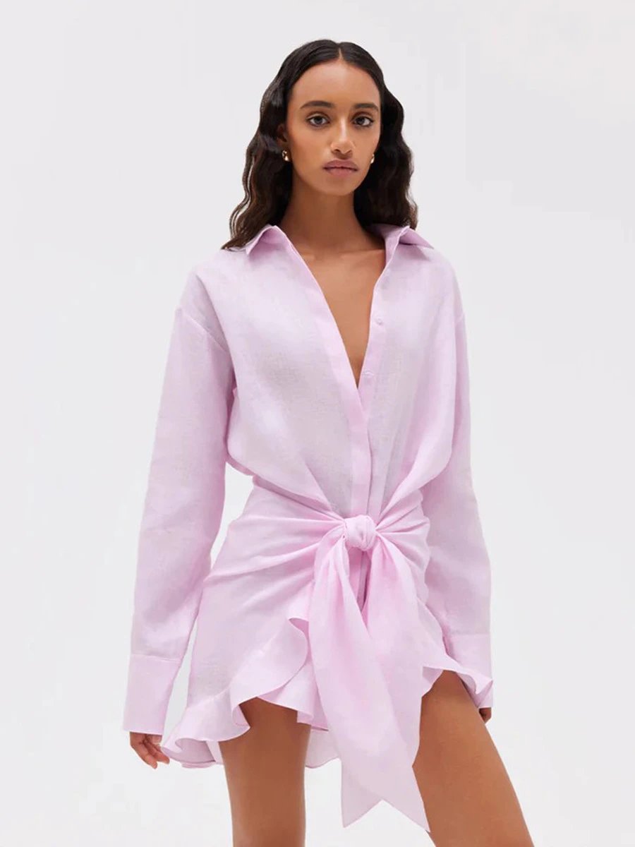 Design Off-White Style Linen Shirt and Ruffled Mini Skirt Set in Cream - 52