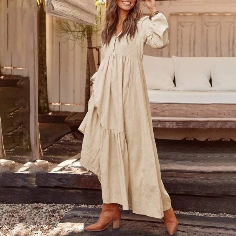 Design Long Sleeve V-Neck Tiered Maxi Dress Black - 14