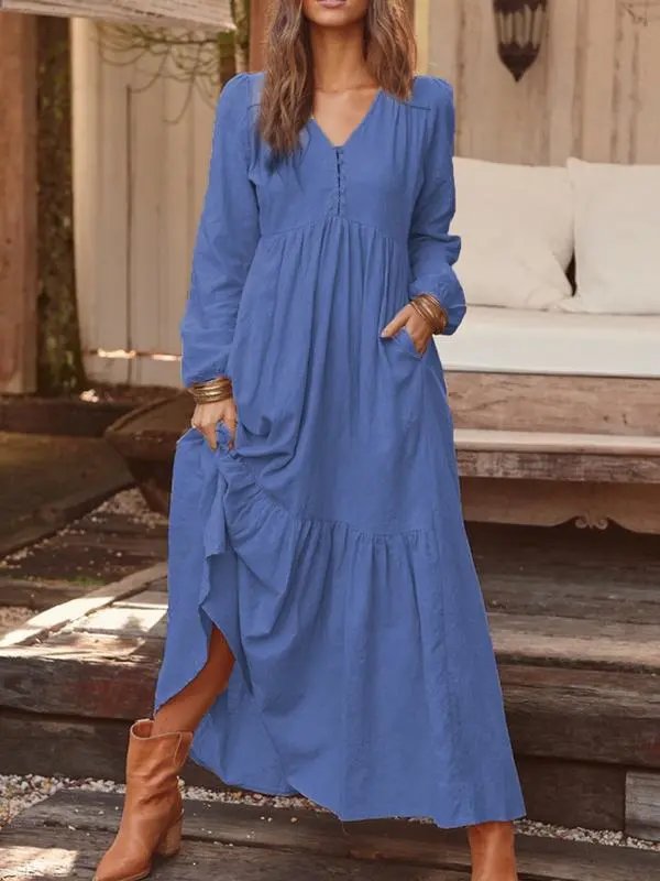 Design Long Sleeve V-Neck Tiered Maxi Dress Black - 7