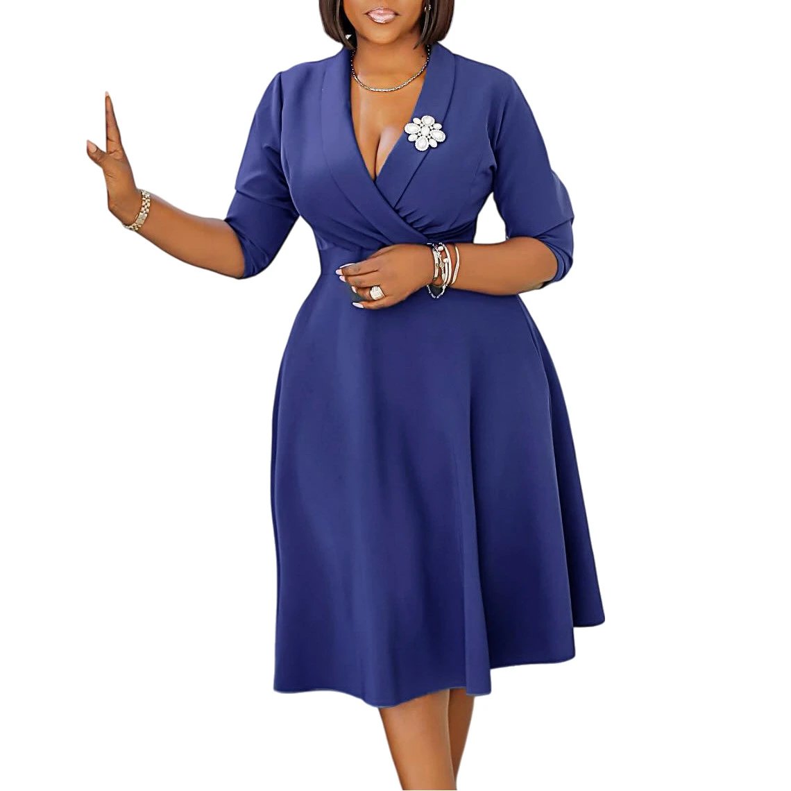 Design Wrap Front Midi Dress with Pearl Brooch in Navy - 40