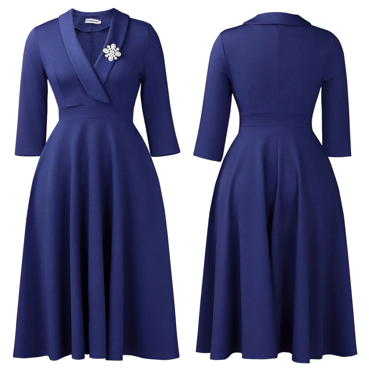 Design Wrap Front Midi Dress with Pearl Brooch in Navy - 42