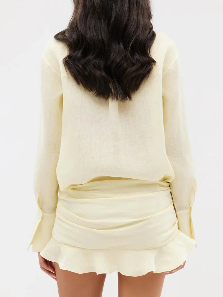 Design Off-White Style Linen Shirt and Ruffled Mini Skirt Set in Cream - 56