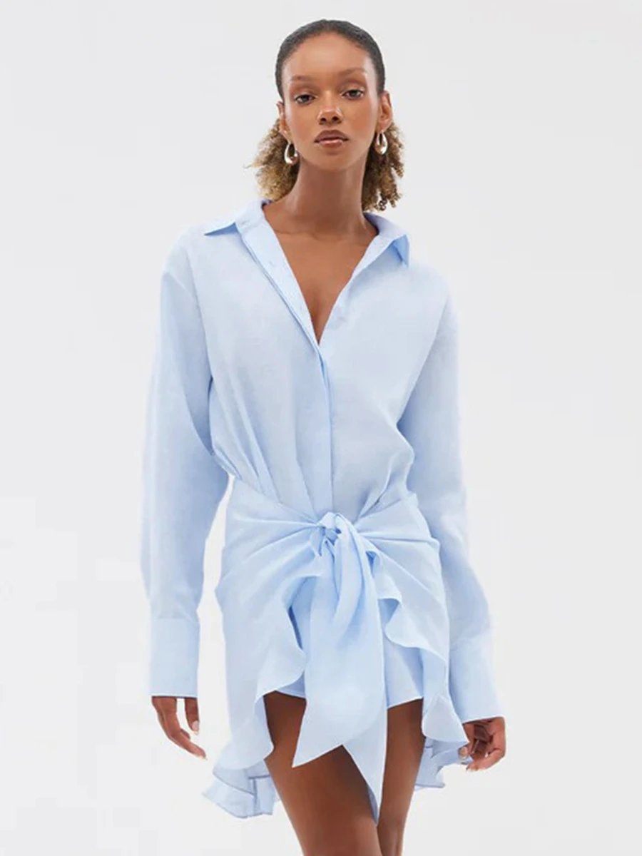 Design Off-White Style Linen Shirt and Ruffled Mini Skirt Set in Cream - 59
