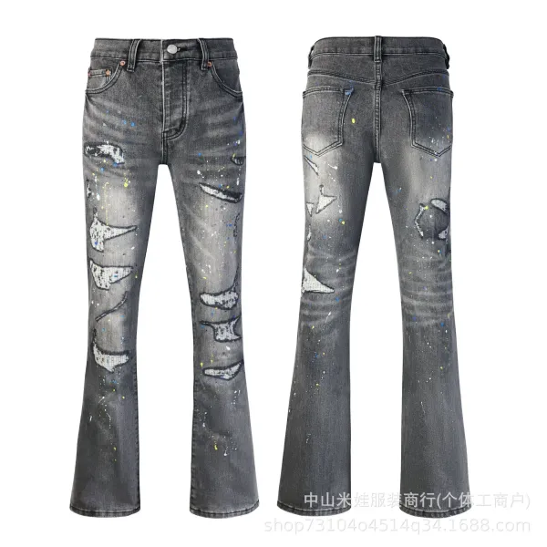 Design Distressed Paint-Splatter Flared Jeans Gray - 1