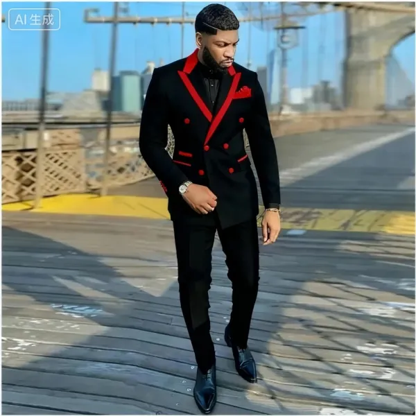Design Double-Breasted Tuxedo Blazer with Red Trim Black Suit Set - 1