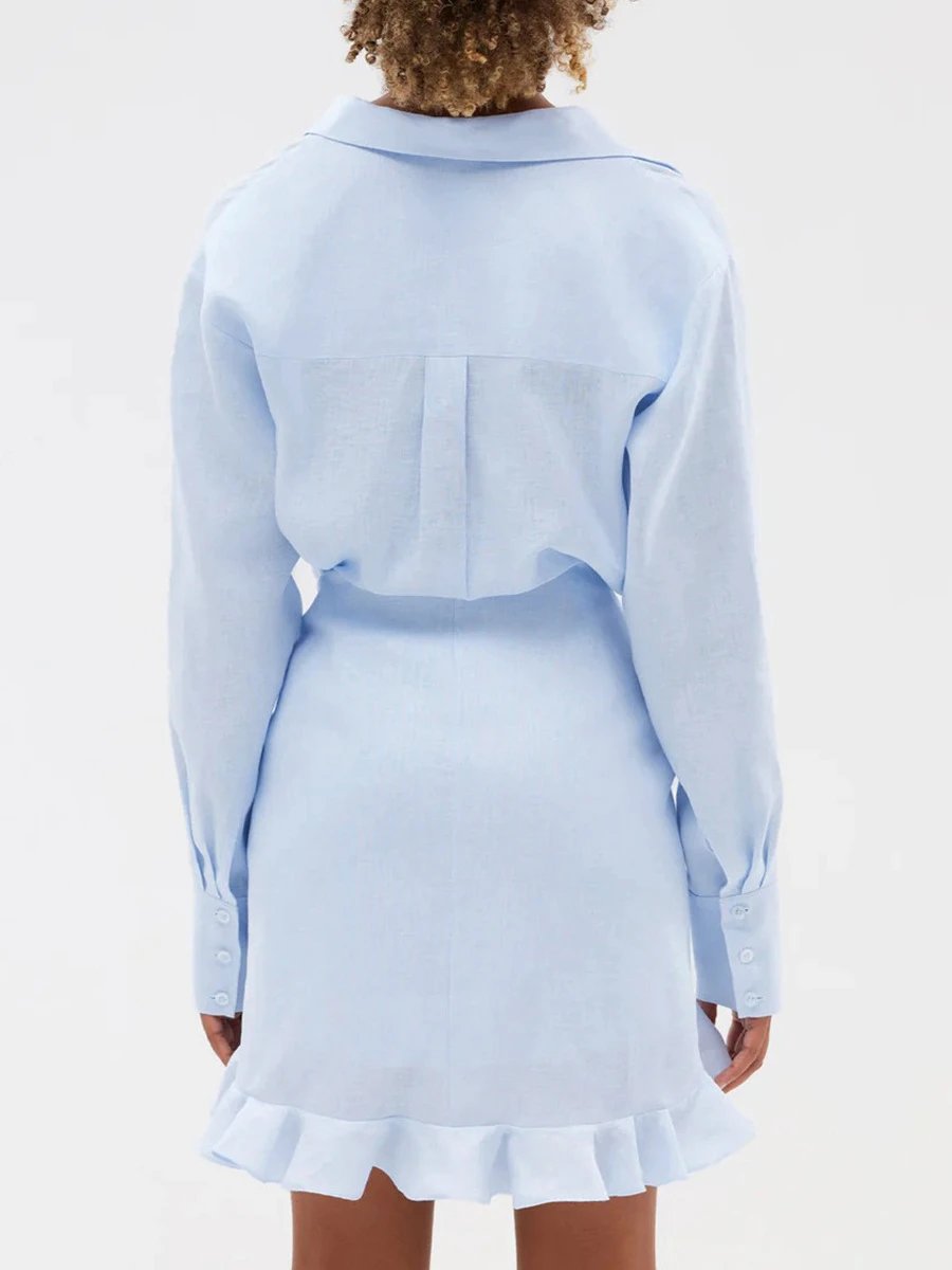 Design Off-White Style Linen Shirt and Ruffled Mini Skirt Set in Cream - 61