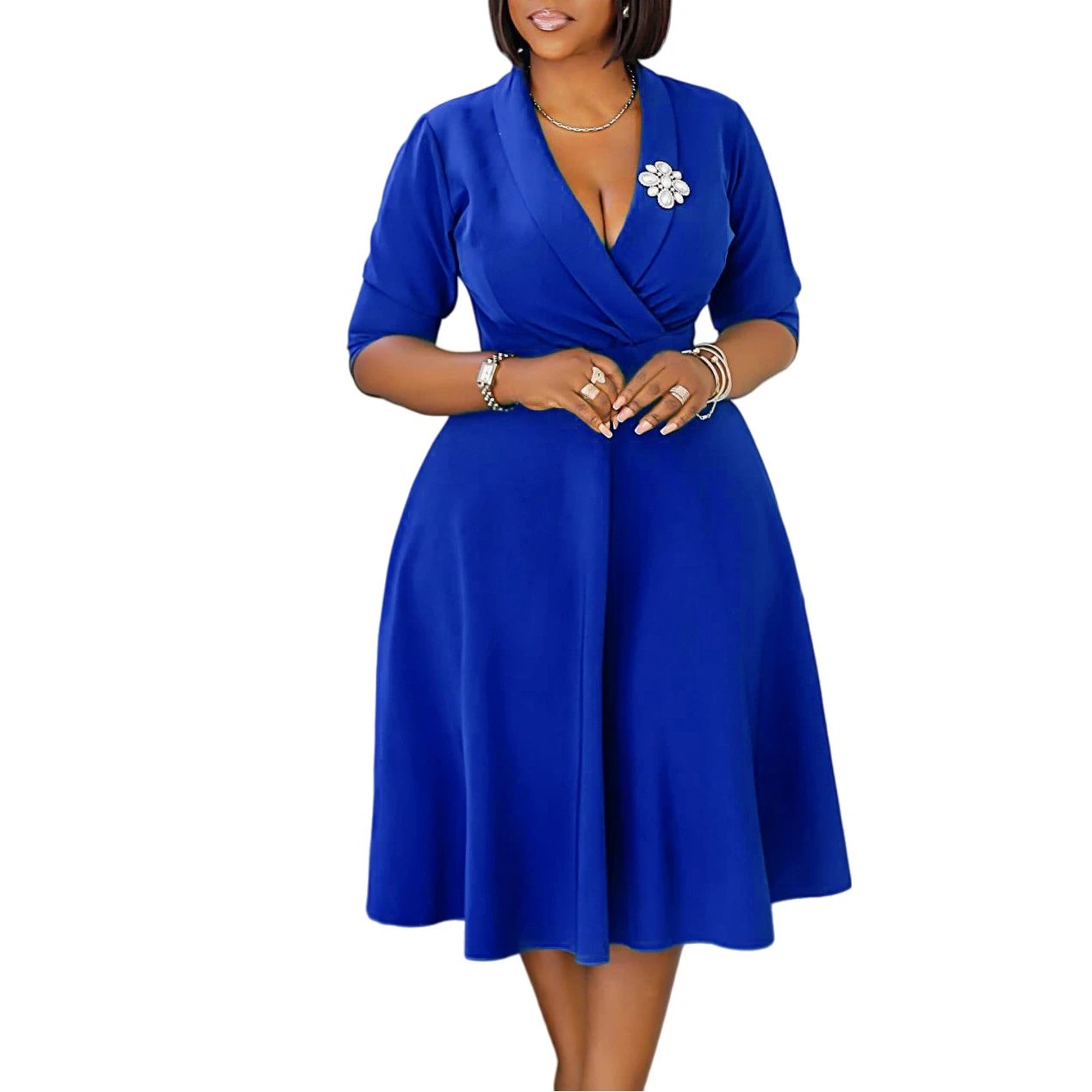 Design Wrap Front Midi Dress with Pearl Brooch in Navy - 67