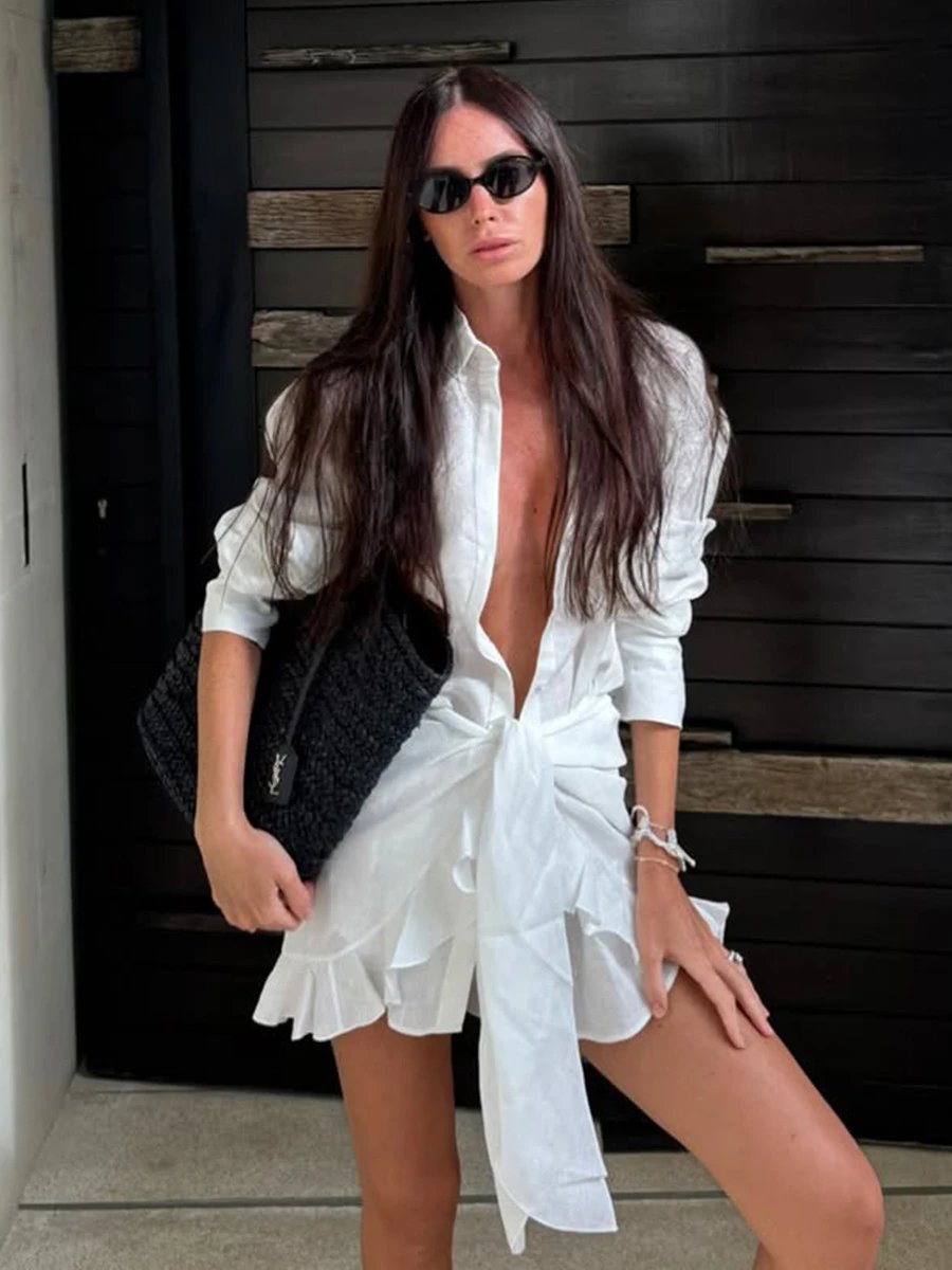 Design Off-White Style Linen Shirt and Ruffled Mini Skirt Set in Cream - 25