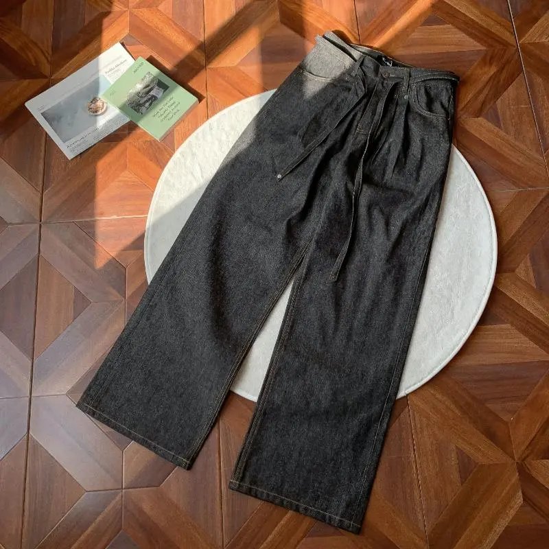 Design Wide-Leg Drawstring Waist Black Denim Jeans - 9