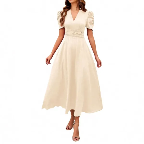 Design V-Neck Puff Sleeve Midi Dress Beige - 1