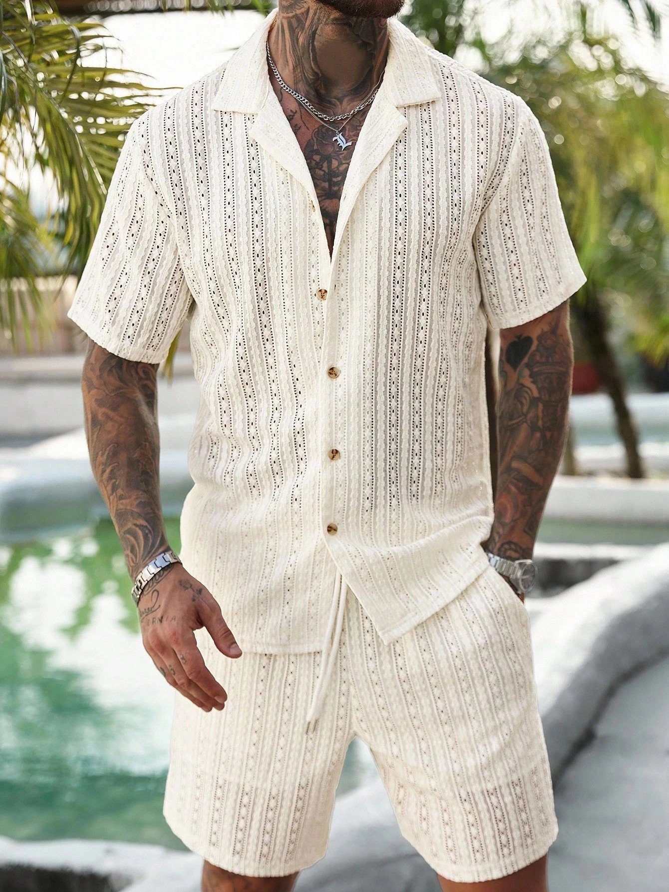 Design Knit Open-Front Short-Sleeve Shirt and Shorts Set Beige - 8
