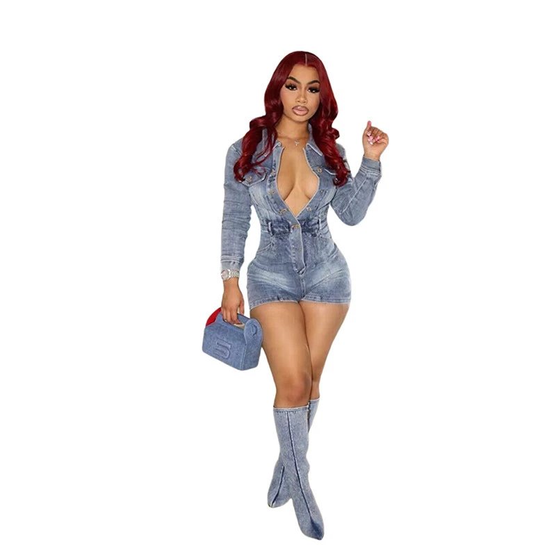 Design Denim Romper with Deep V-Neck and Belted Waist in Light Wash Blue Sets - 12