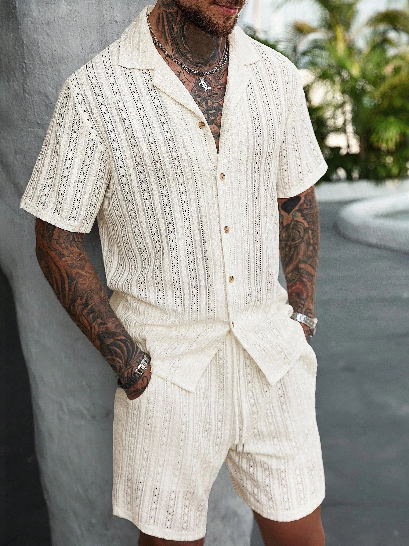 Design Knit Open-Front Short-Sleeve Shirt and Shorts Set Beige - 9