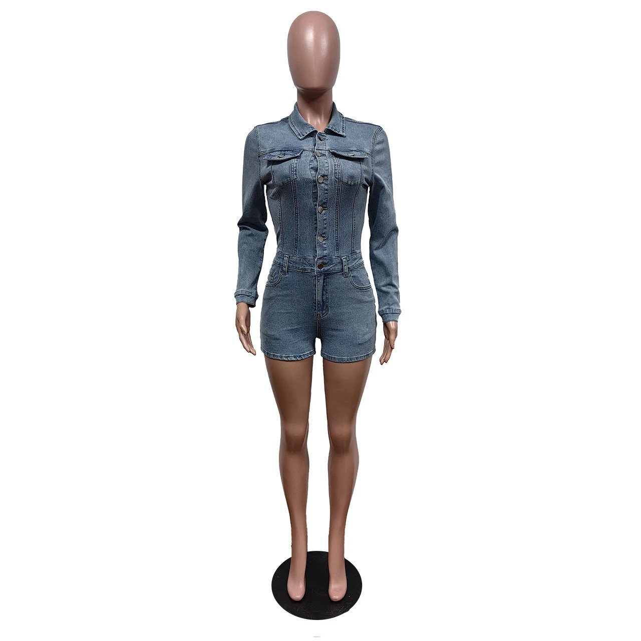 Design Denim Romper with Deep V-Neck and Belted Waist in Light Wash Blue Sets - 13