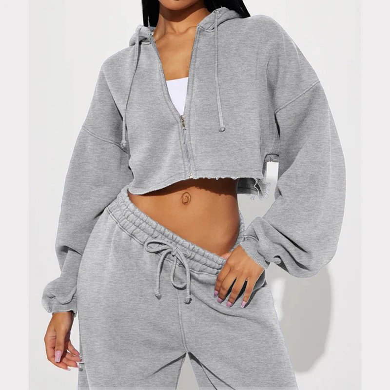 Design Cropped Hoodie and Wide-Leg Sweatpants Set in Light Gray - 29