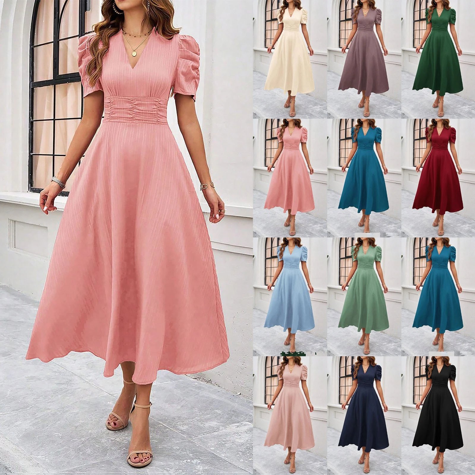 Design A-Line V-Neck Puff Sleeve Midi Dress in Light Blue - 2