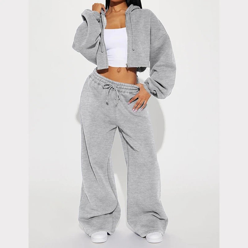 Design Cropped Hoodie and Wide-Leg Sweatpants Set in Light Gray - 30