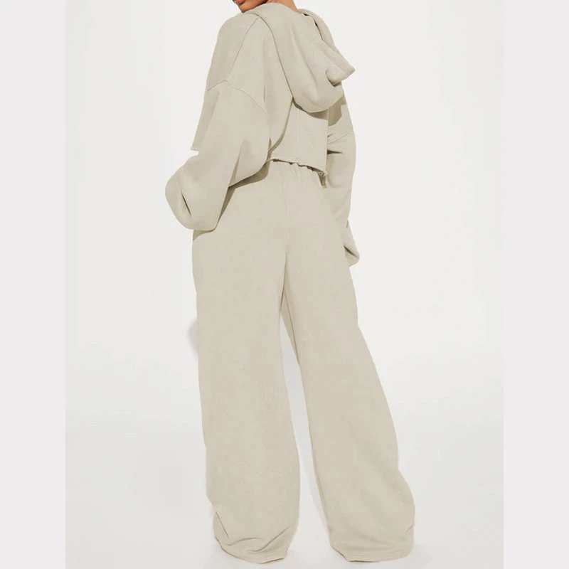 Design Cropped Hoodie and Wide-Leg Sweatpants Set in Light Gray - 32