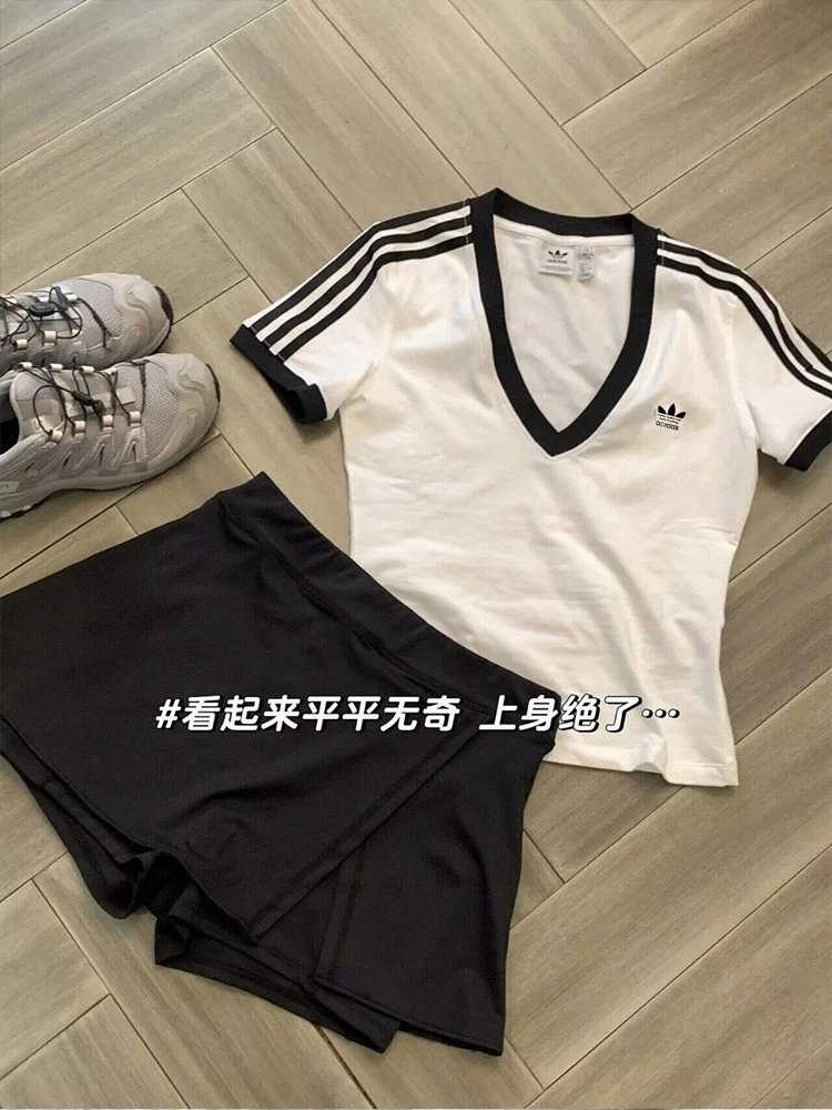 Adidas Originals V-Neck Tee White with Black Trim T-Shirts - 7