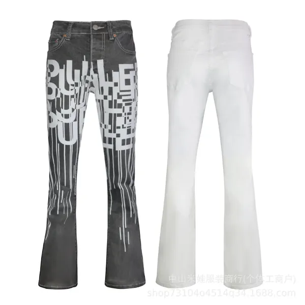 Design Printed Flared Jeans Gray and White - 1