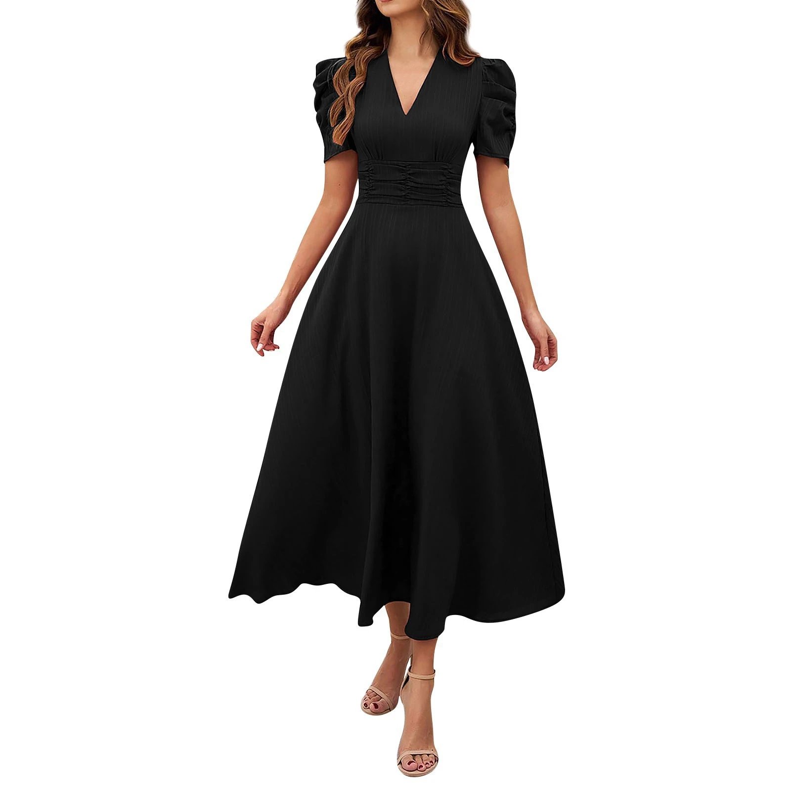 Design A-Line V-Neck Puff Sleeve Midi Dress in Light Blue - 9
