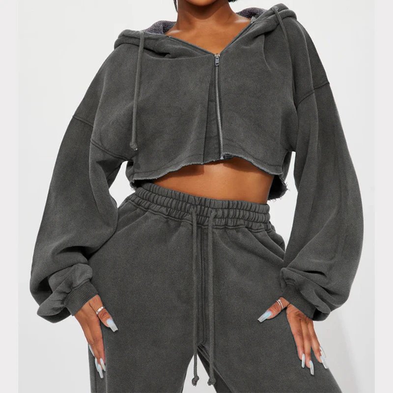 Design Cropped Hoodie and Wide-Leg Sweatpants Set in Light Gray - 35