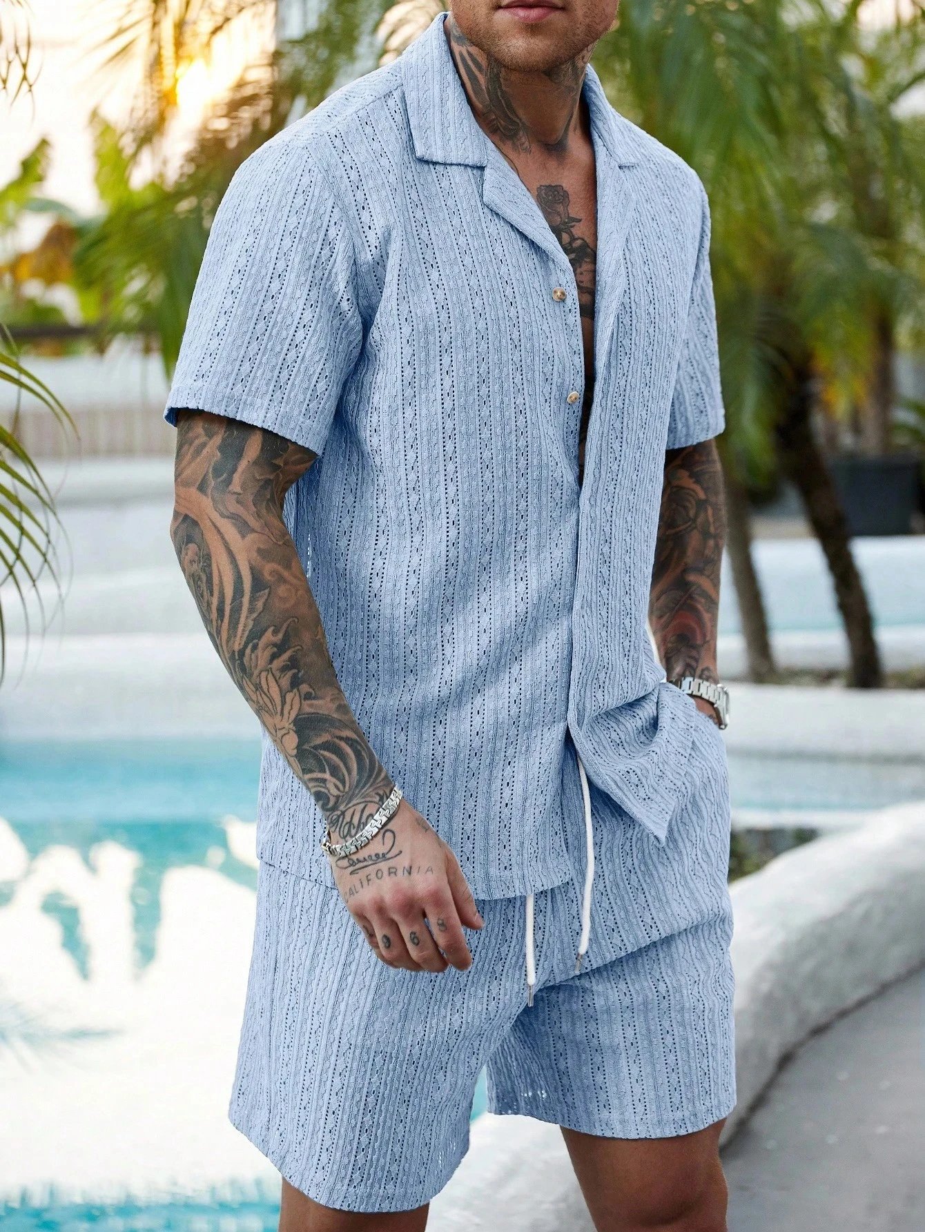 Design Knit Open-Front Short-Sleeve Shirt and Shorts Set Beige - 29