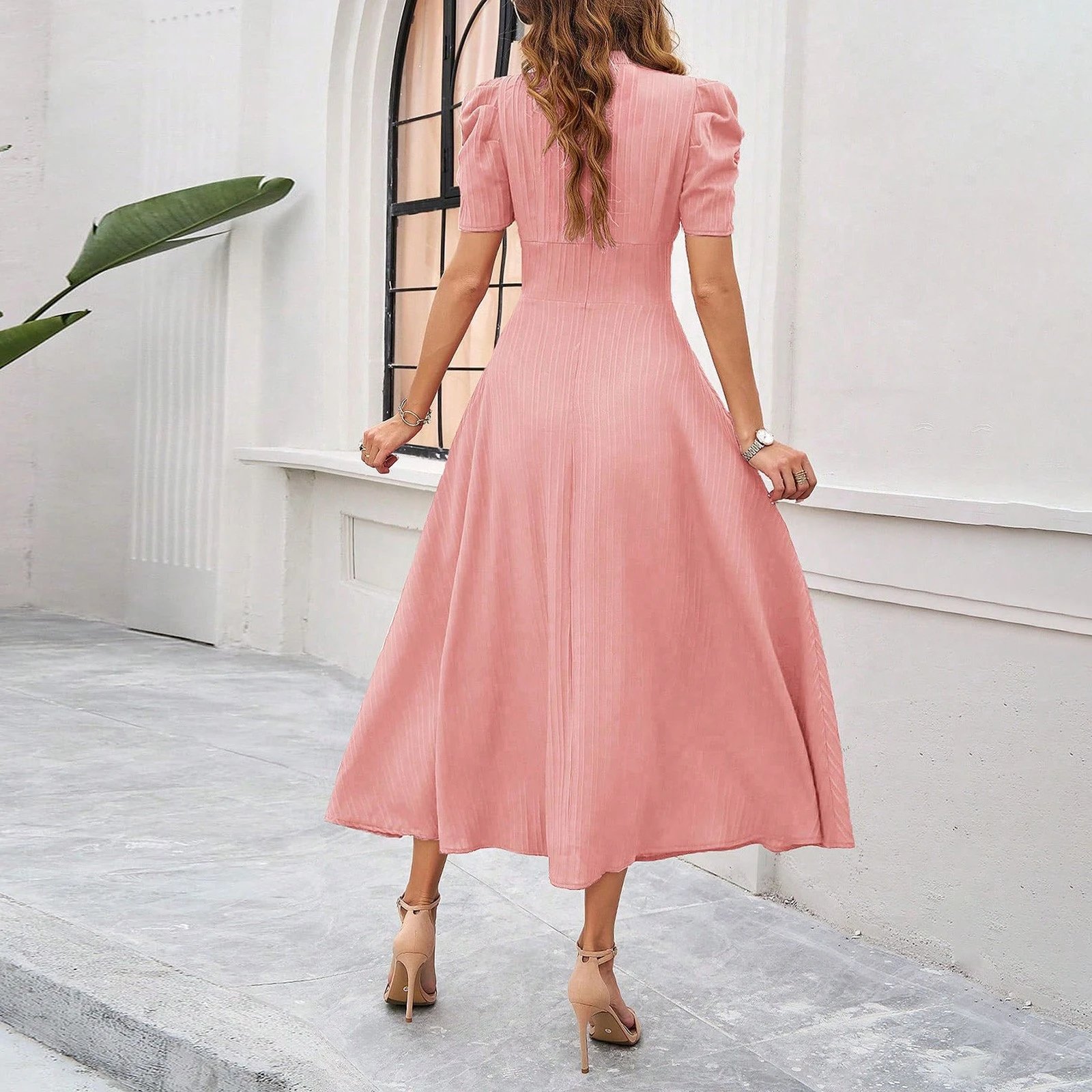 Design A-Line V-Neck Puff Sleeve Midi Dress in Light Blue - 17