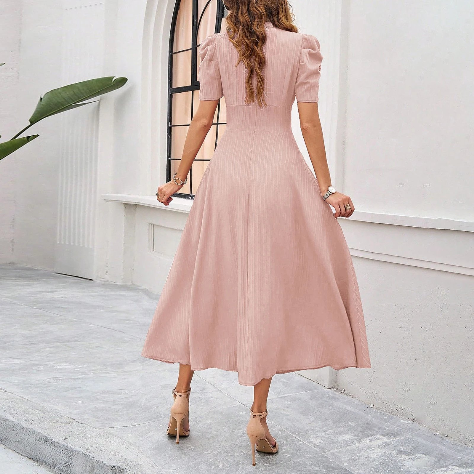 Design A-Line V-Neck Puff Sleeve Midi Dress in Light Blue - 20