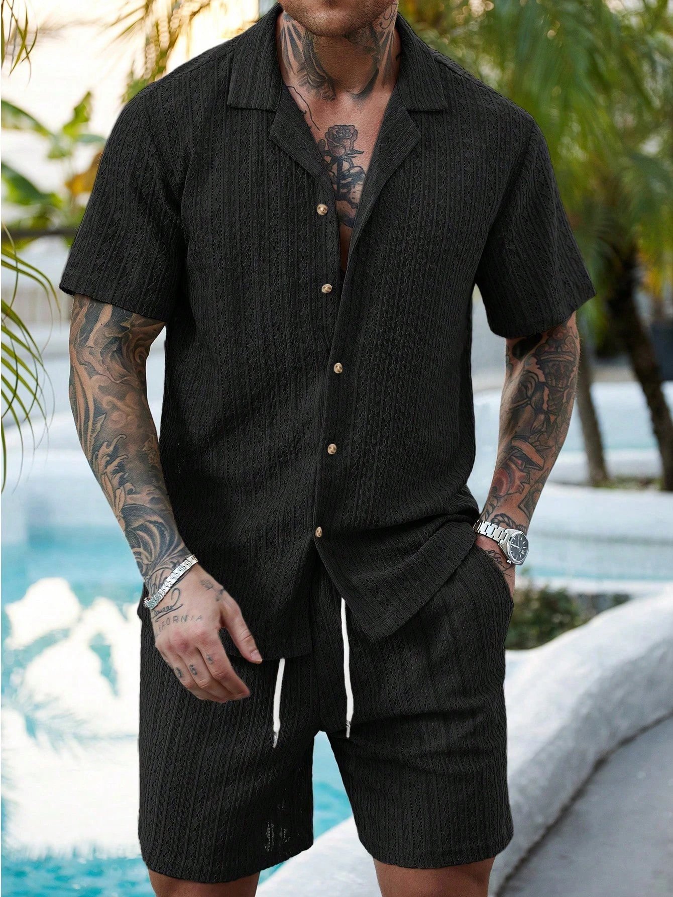 Design Knit Open-Front Short-Sleeve Shirt and Shorts Set Beige - 35