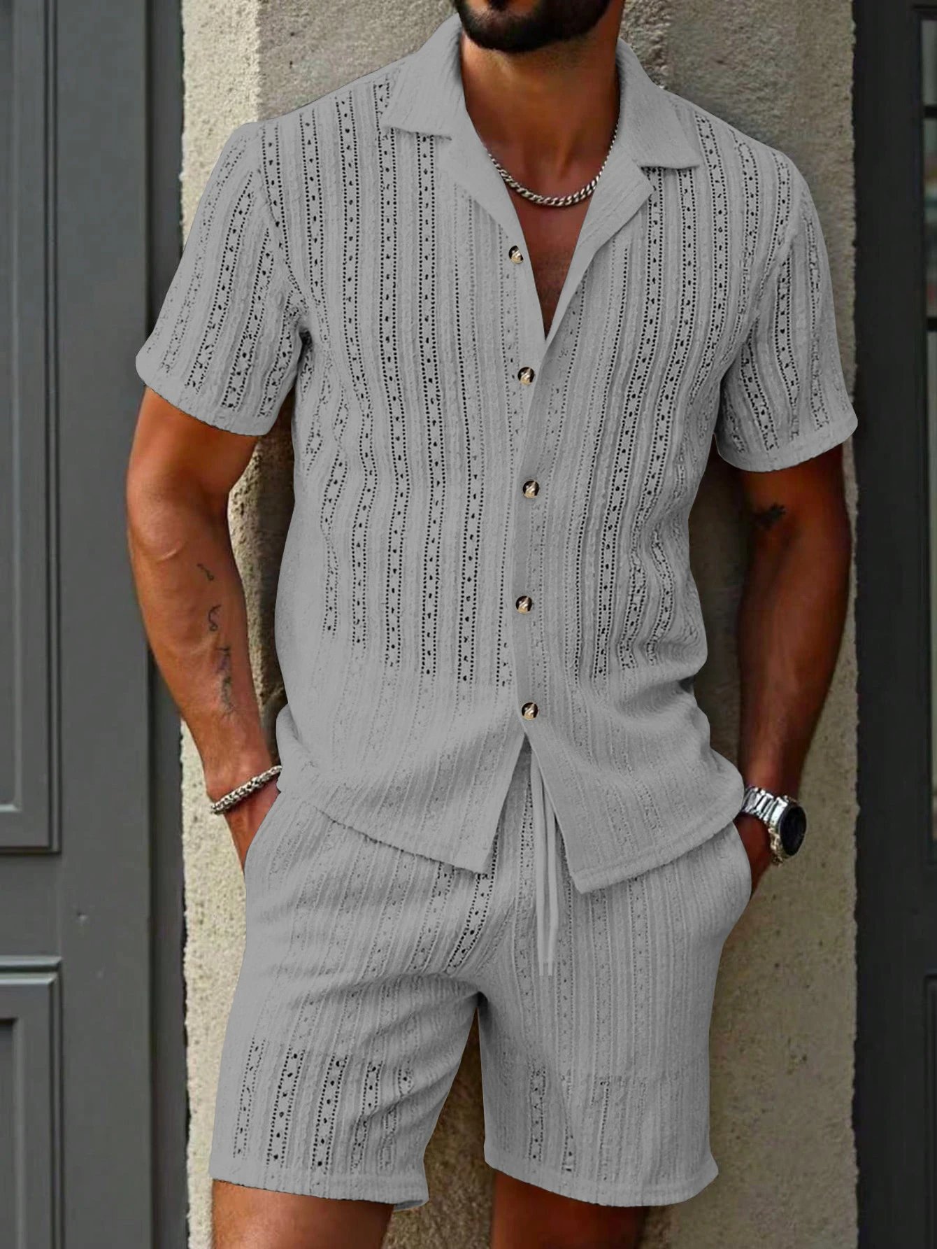 Design Knit Open-Front Short-Sleeve Shirt and Shorts Set Beige - 37