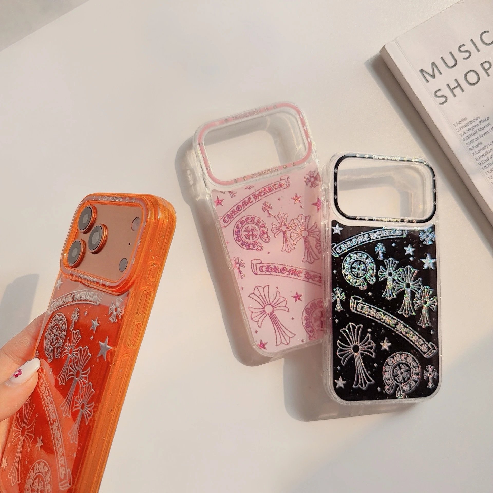 Chrome Hearts Orange Glitter Cross Motif Phone Case - 7