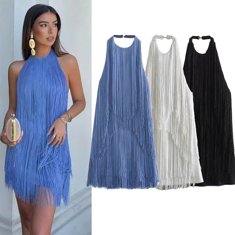ZA Women's Summer Fashion Halter Sleeveless Fringe Mini Dress