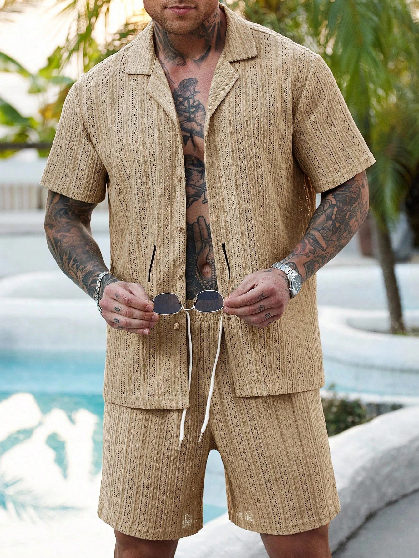 Design Knit Open-Front Short-Sleeve Shirt and Shorts Set Beige - 42