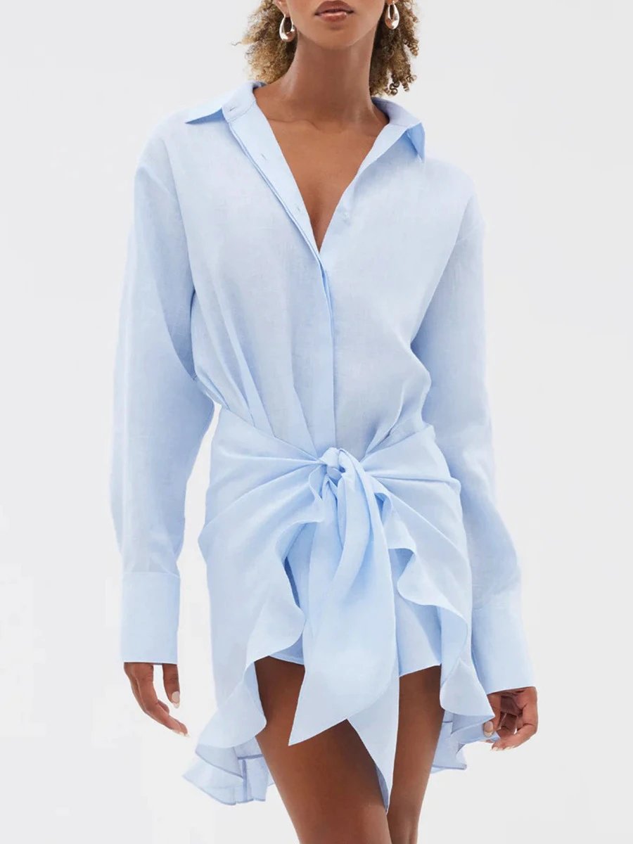 Design Off-White Style Linen Shirt and Ruffled Mini Skirt Set in Cream - 60