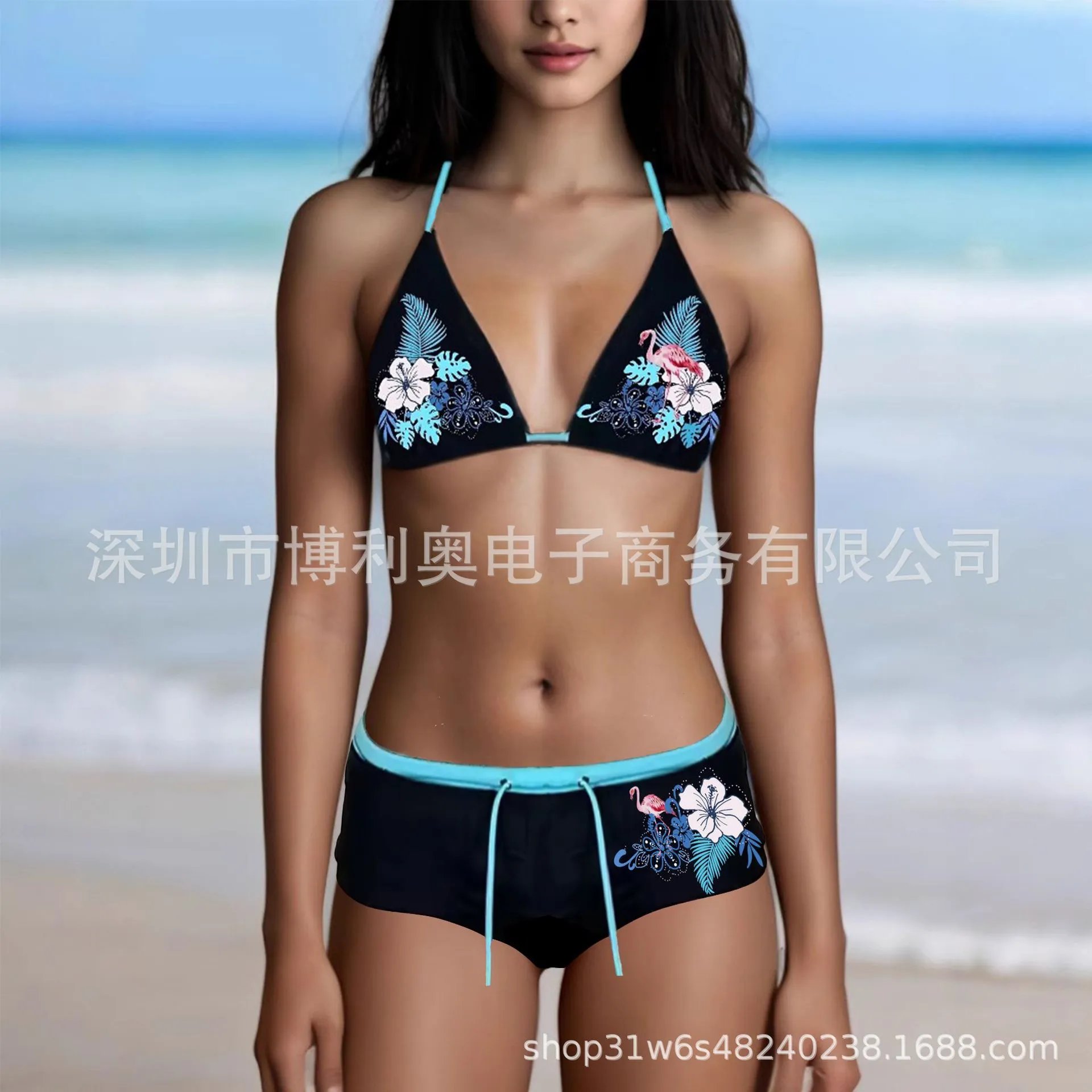Design Tropical Flamingo Print Triangle Bikini Set Turquoise Swimwear - 3
