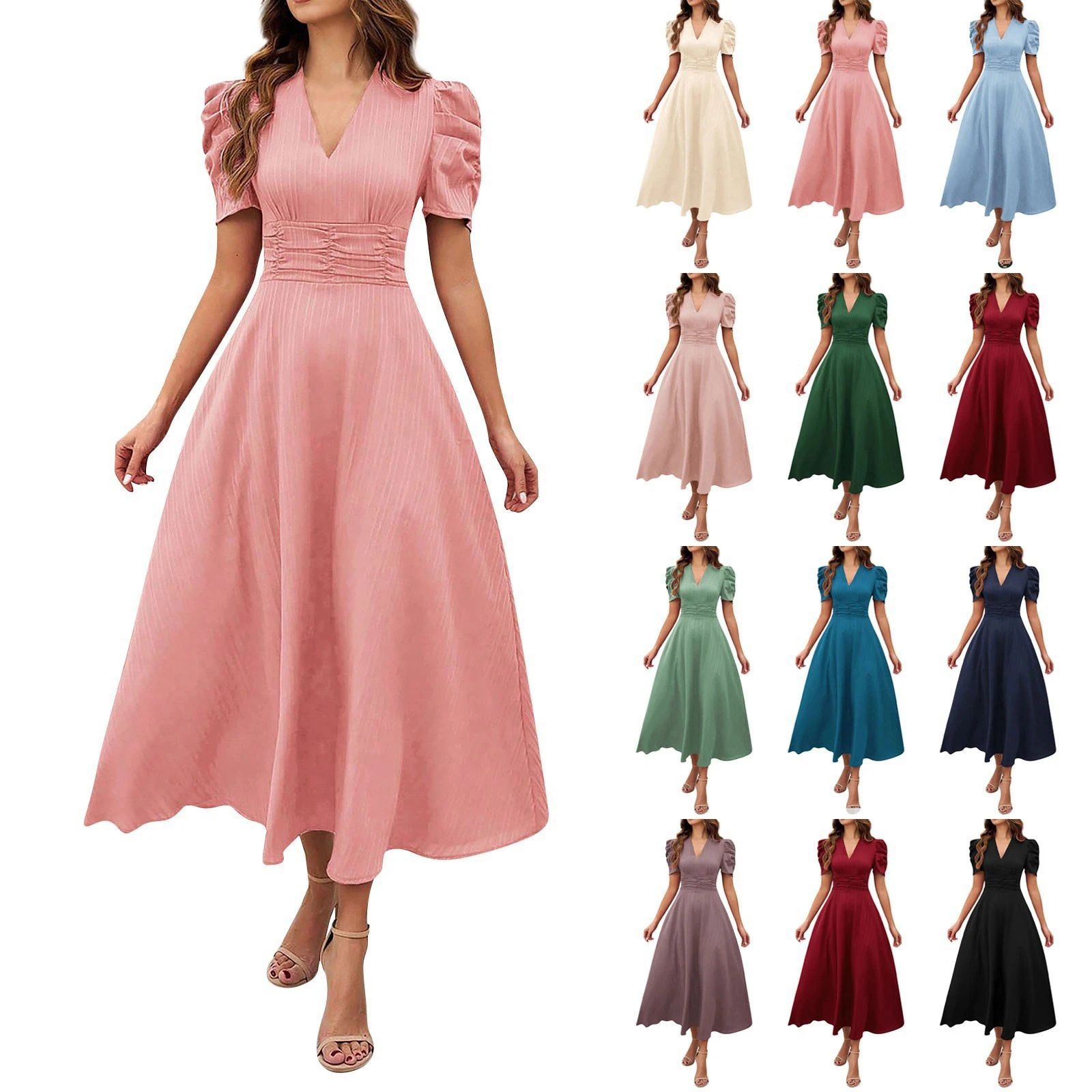Design A-Line V-Neck Puff Sleeve Midi Dress in Light Blue - 44