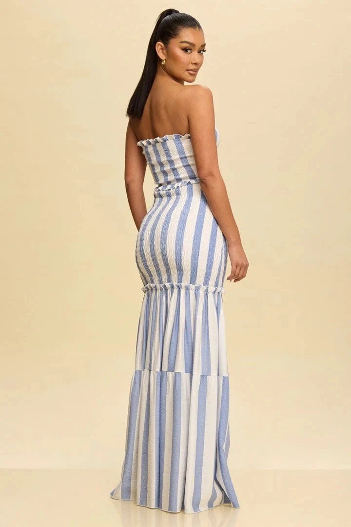 Design Striped Ruched Bustier Maxi Skirt Set Blue and White - 6