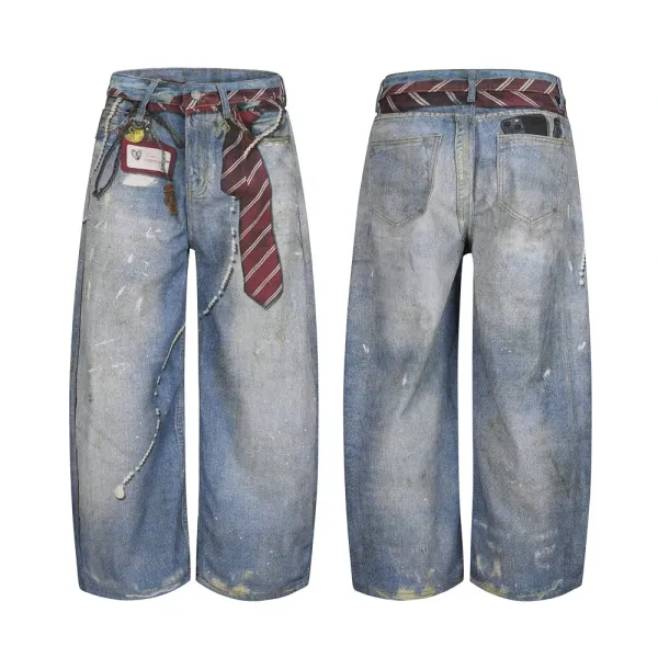 Design Distressed Wide-Leg Jeans with Tie Belt and Beaded Chain Detail - 1