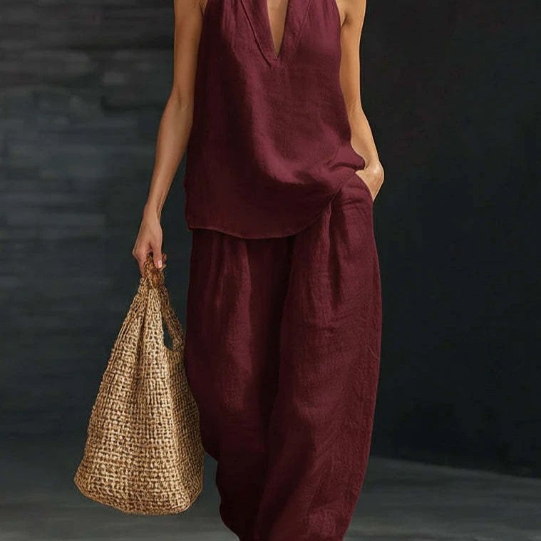 Design Linen V-Neck Sleeveless Top and Wide-Leg Pants Set in Lime Green - 13