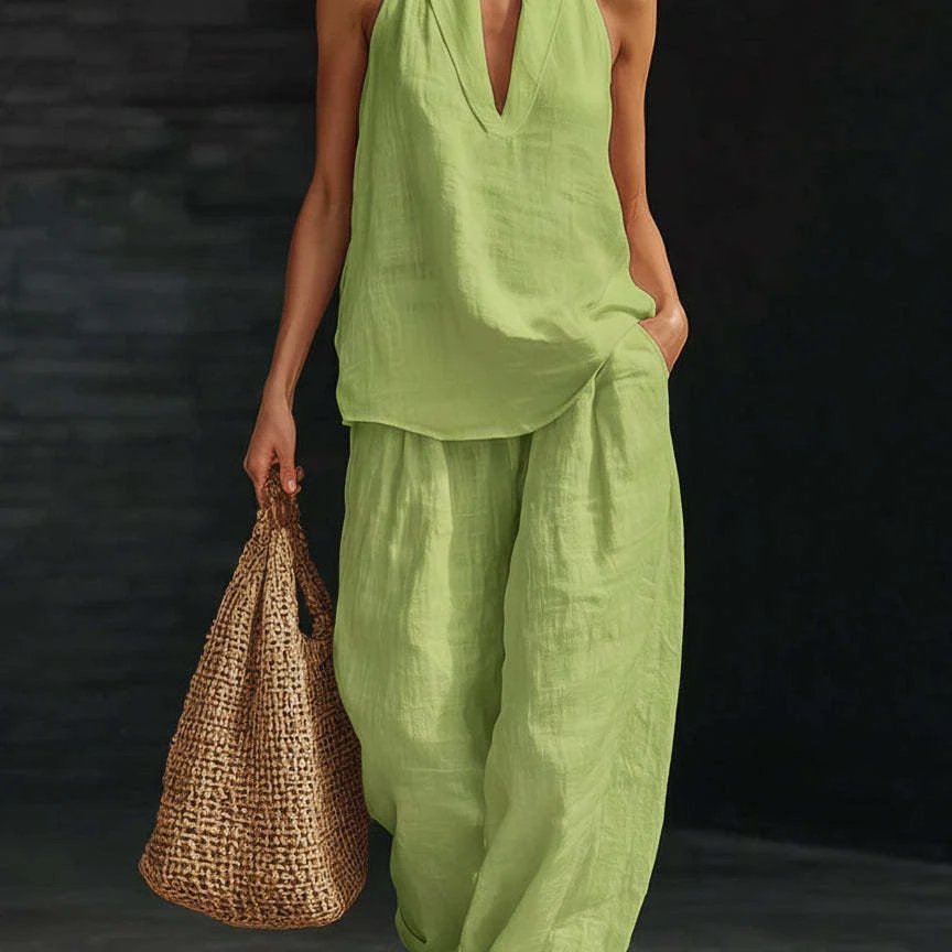 Design Linen V-Neck Sleeveless Top and Wide-Leg Pants Set in Lime Green - 14