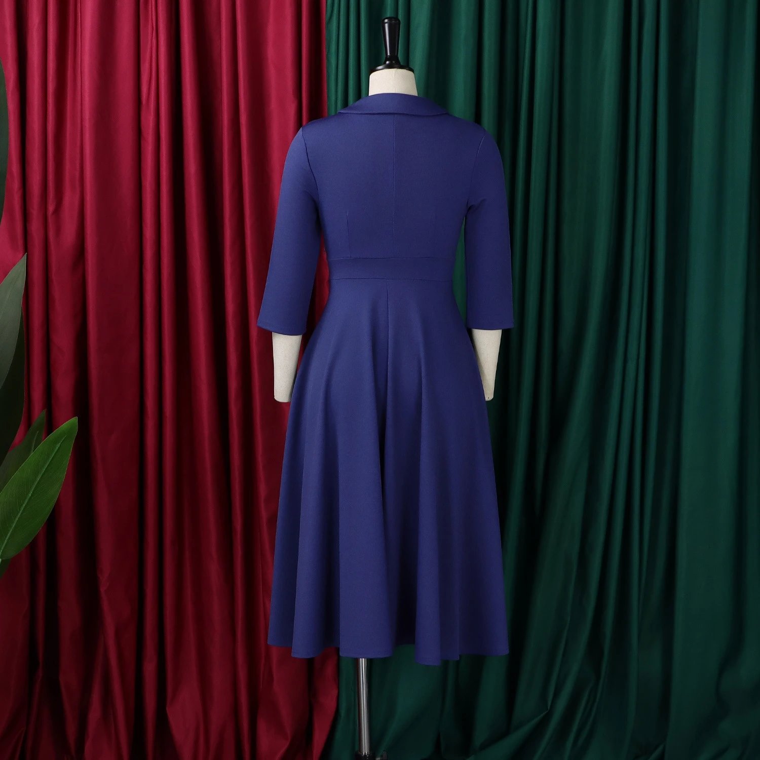 Design Wrap Front Midi Dress with Pearl Brooch in Navy - 8