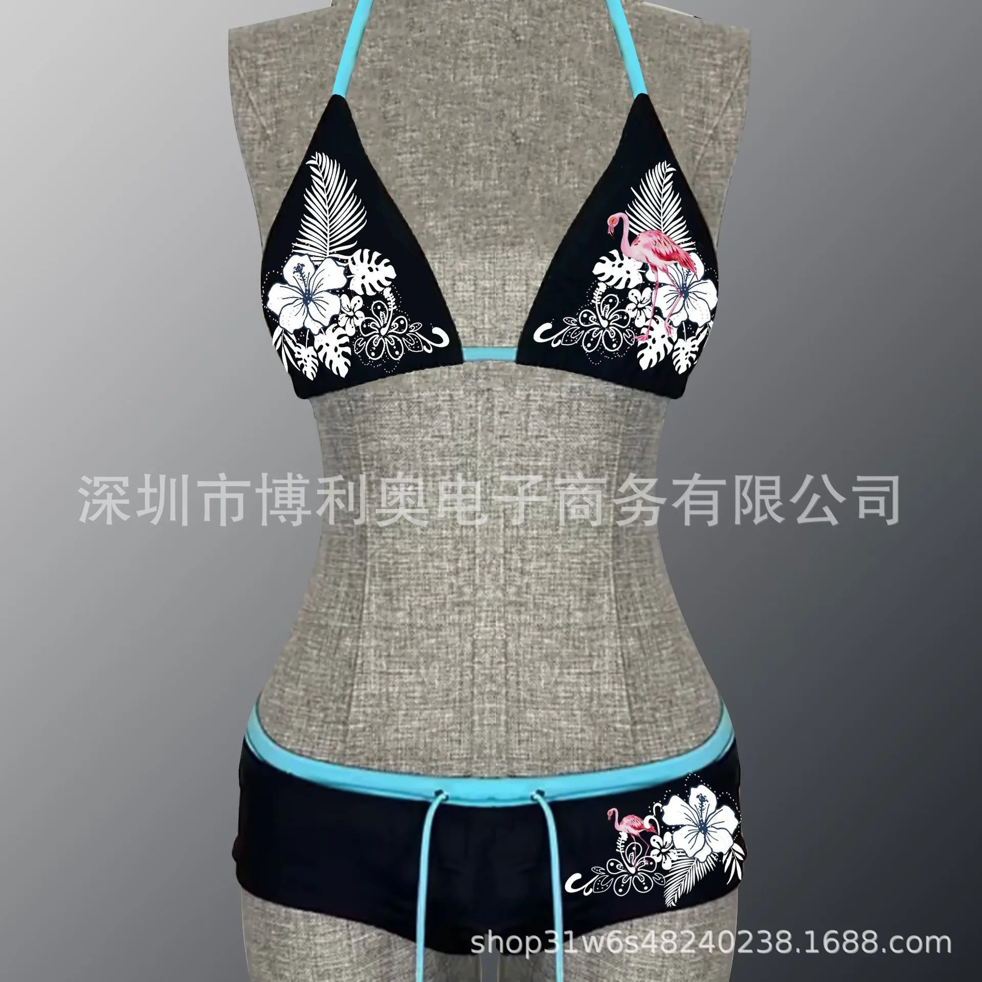Design Tropical Flamingo Print Triangle Bikini Set Turquoise Swimwear - 5