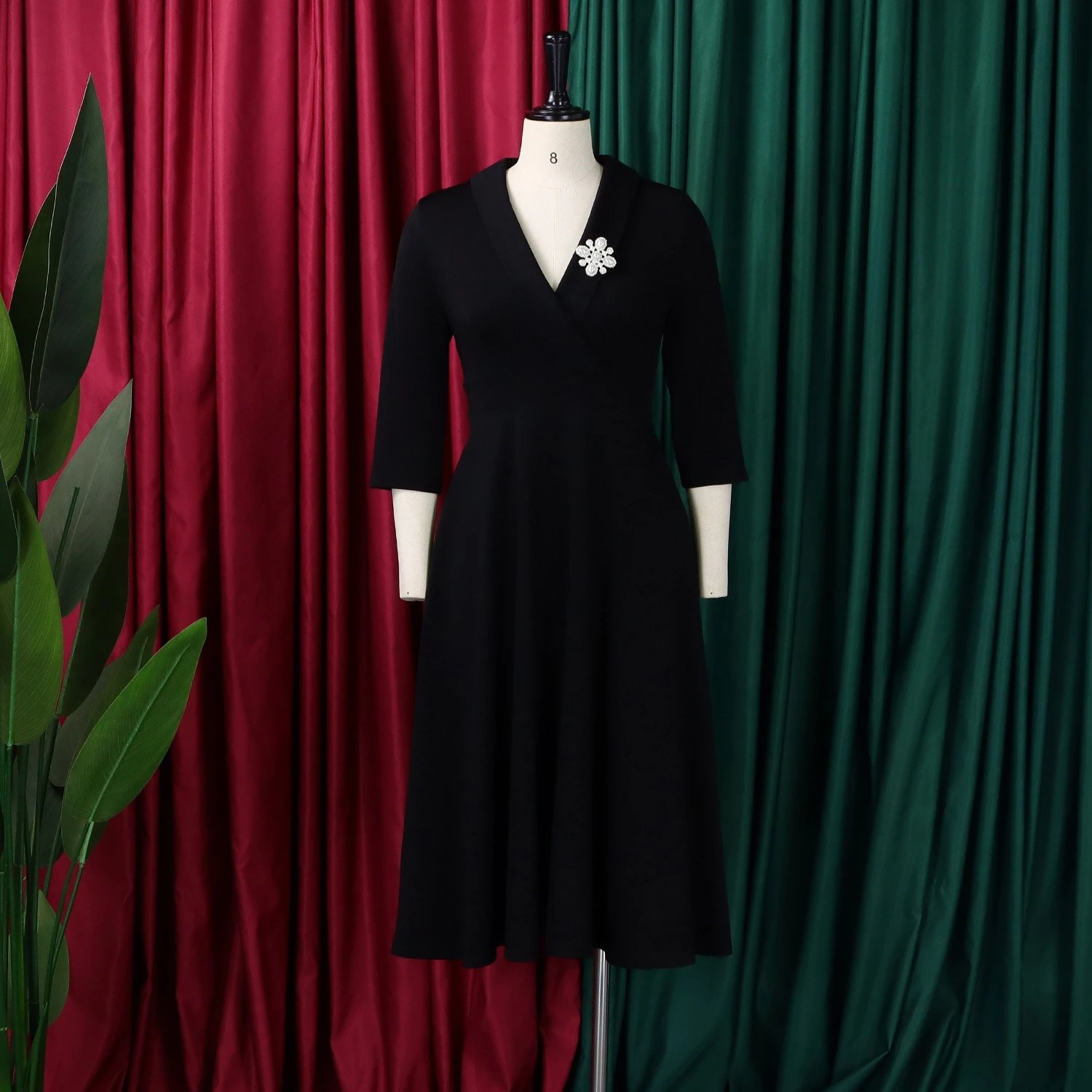 Design Wrap Front Midi Dress with Pearl Brooch in Navy - 24