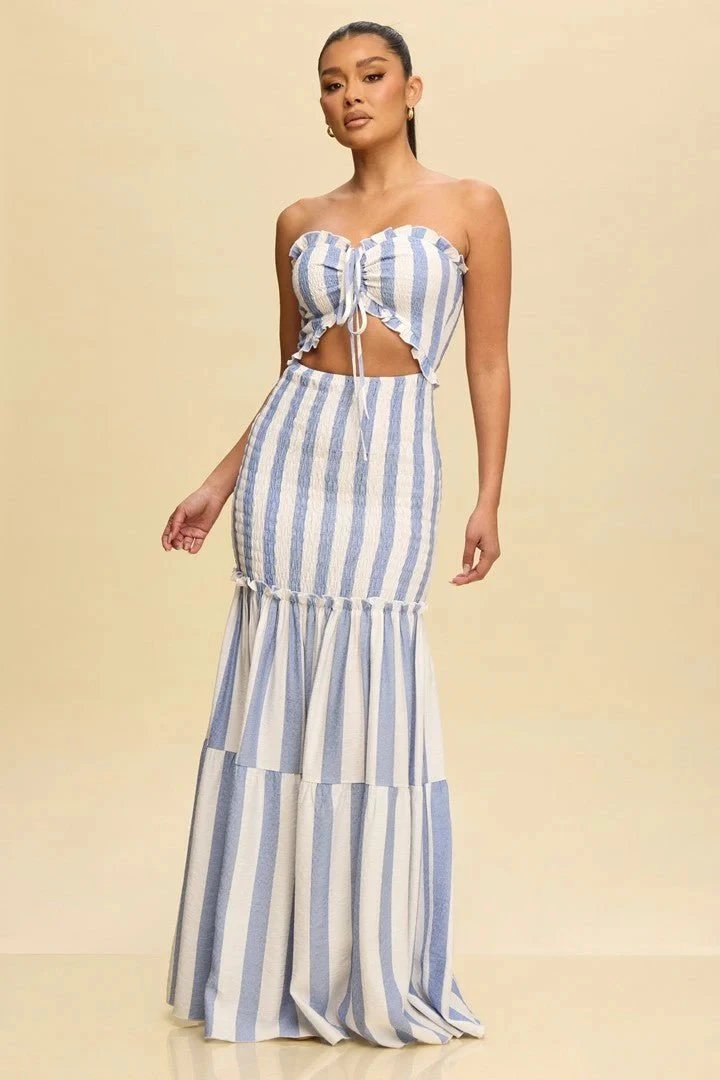 Design Striped Ruched Bustier Maxi Skirt Set Blue and White - 5