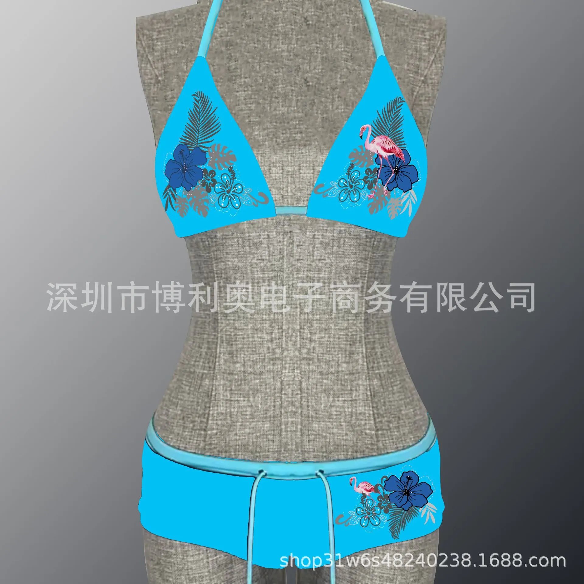Design Tropical Flamingo Print Triangle Bikini Set Turquoise Swimwear - 12