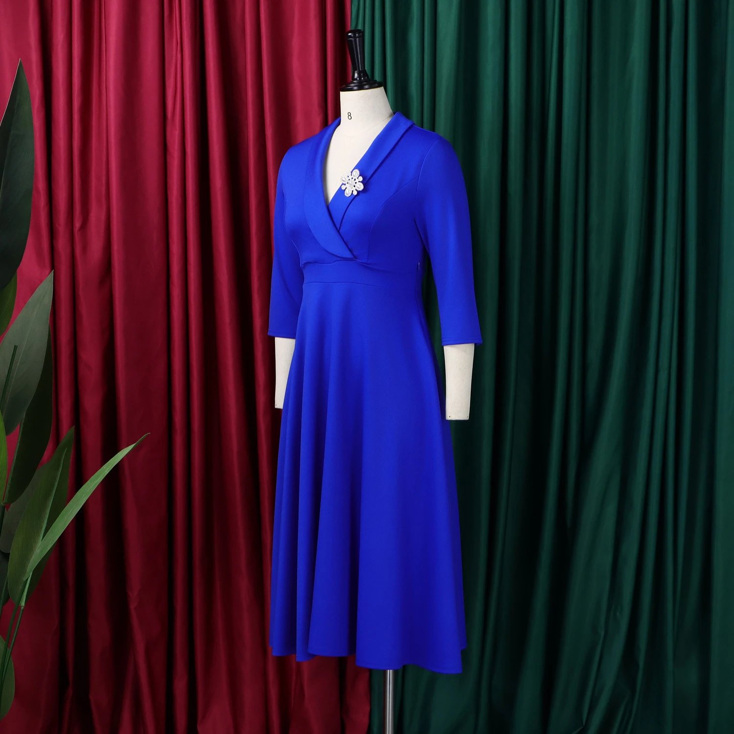 Design Wrap Front Midi Dress with Pearl Brooch in Navy - 34