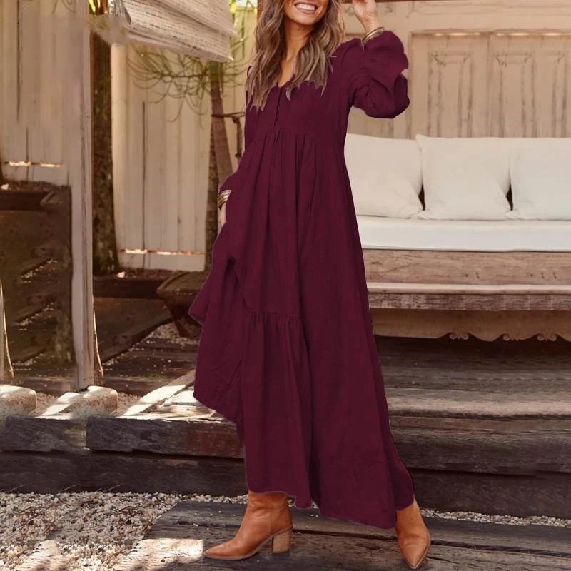 Design Long Sleeve V-Neck Tiered Maxi Dress Black - 13