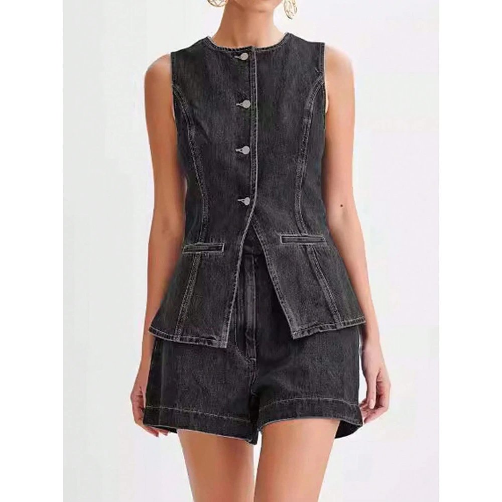 Design Denim Peplum Vest and Shorts Set Charcoal Gray - 4