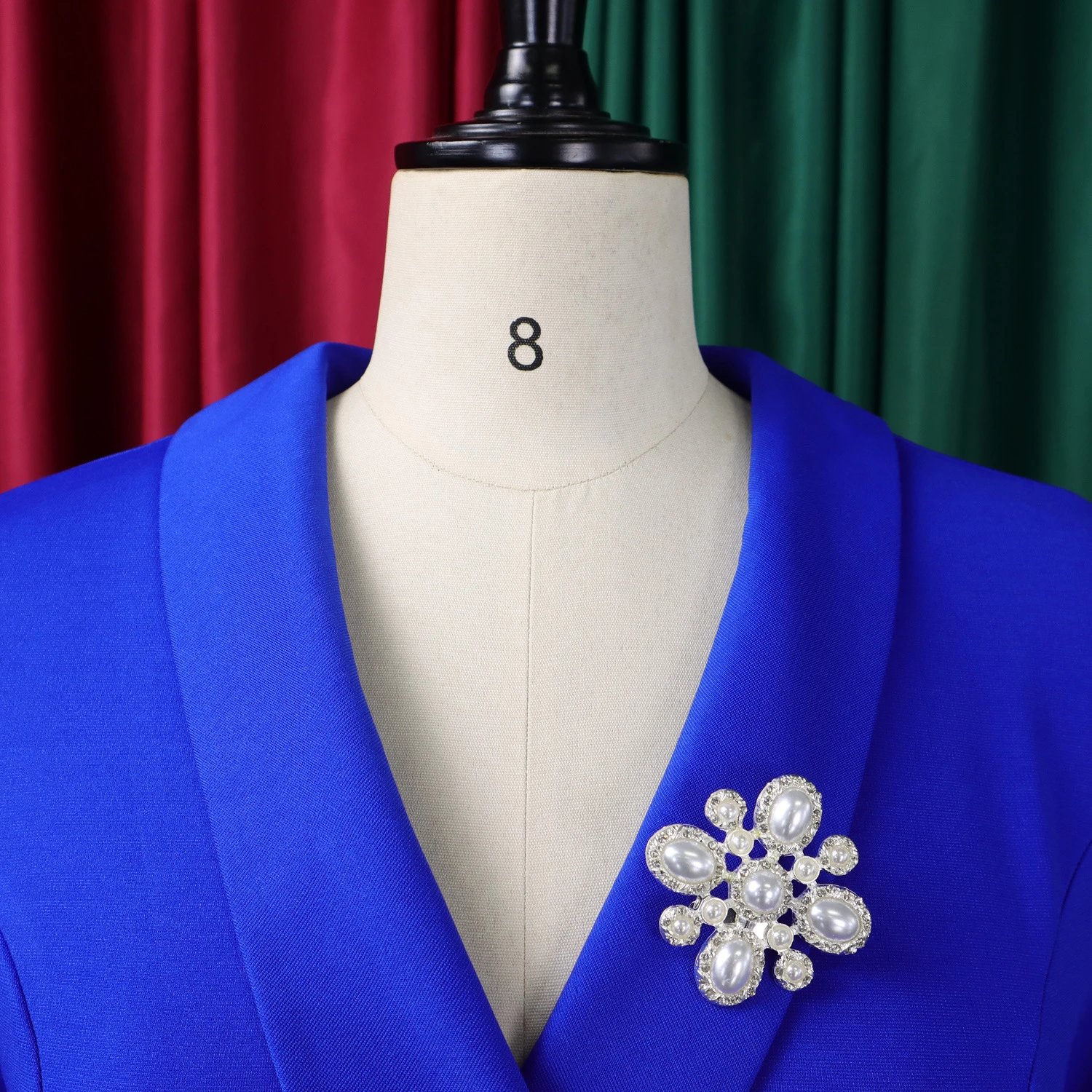 Design Wrap Front Midi Dress with Pearl Brooch in Navy - 36